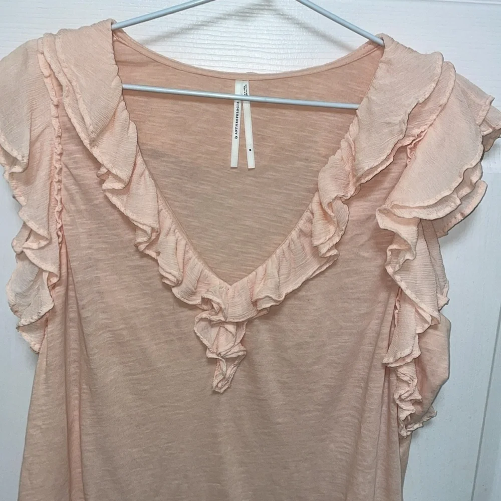 ANTHROPOLOGIE | Pink | Ruffled | Sleeveless | V-Neck | T-Shirt Blouse | Size M - Picture 6 of 14